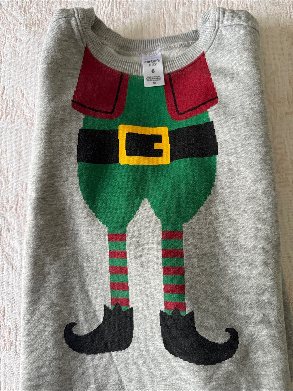 Carter's Gray Elf Legs Holiday Sweatshirt with Green, Red & Black Accents